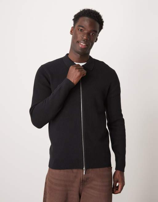 Selected Homme - Gebreid poloshirt met rits en lange mouwen in zwart
