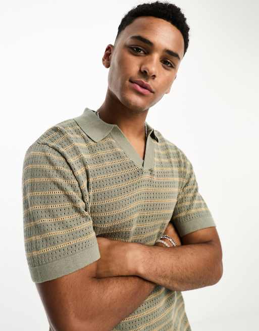 Selected Homme - Gebreide gestreepte polo met reverskraag in grijs 