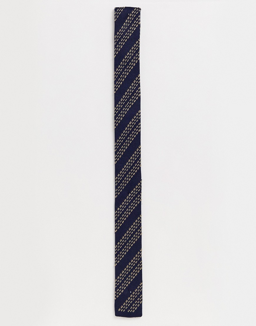 Selected Homme - Gebreide gestreepte stropdas-Marineblauw