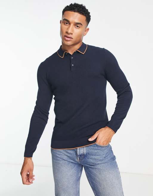 Selected Homme - Gebreide polo met gekleurde randjes in marineblauw