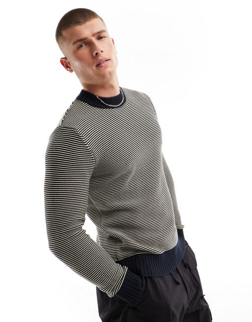 Selected Homme - Gebreide trui met ronde hals en strepen in marineblauw