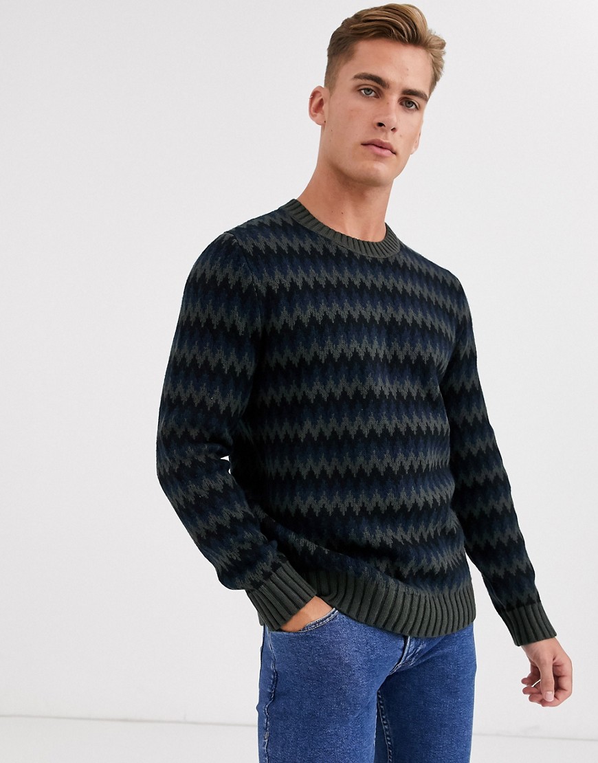 Selected Homme - Gebreide trui van wol met retro motief in marineblauw