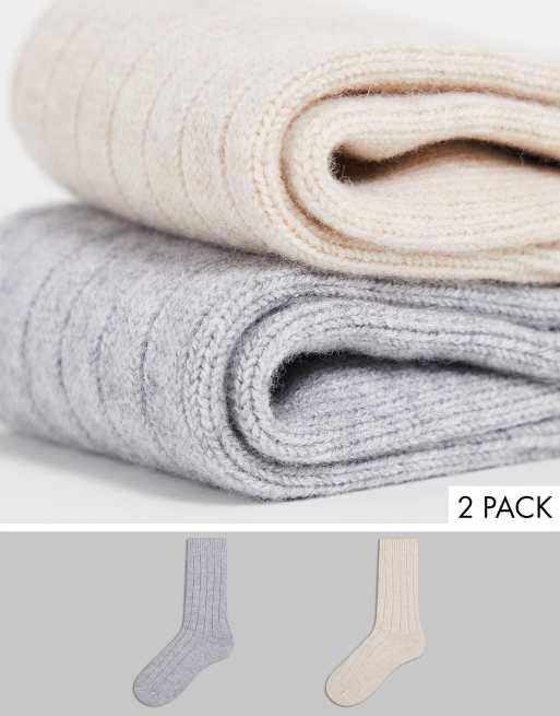 Selected Homme – Gerippte Socken aus Wollmischung in Beige und Grau im 2er-Pack