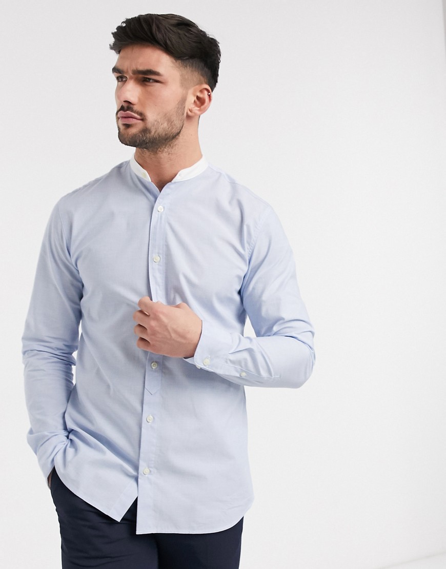 Selected Homme - Gestreept overhemd van organisch katoen zonder kraag in blauw