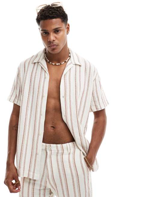 Selected Homme - Gestreept oversized overhemd met reverskraag en textuur in gebroken wit, deel van co-ord set 