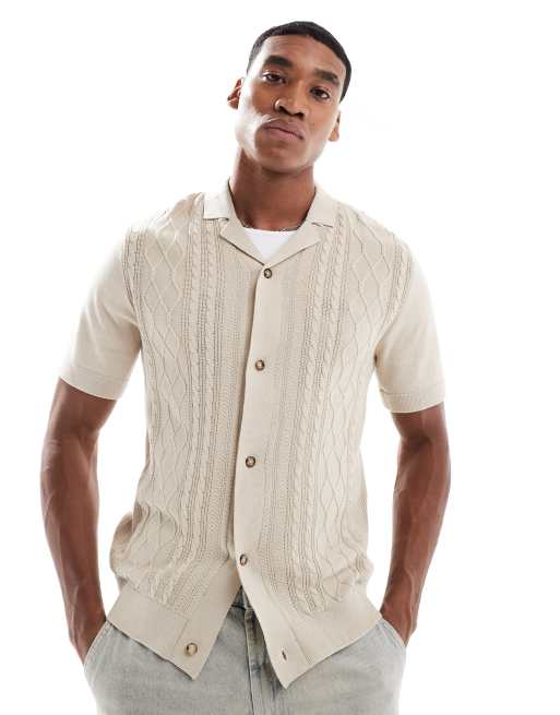 Selected Homme – Gestricktes Hemd in Cremeweiß mit Applikationsmuster