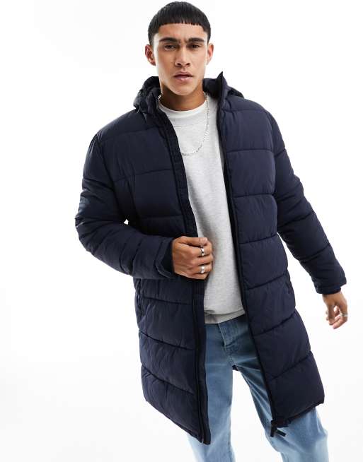 Selected Homme - Gewatteerd jack met lange pasvorm en capuchon in marineblauw , 3 van 4