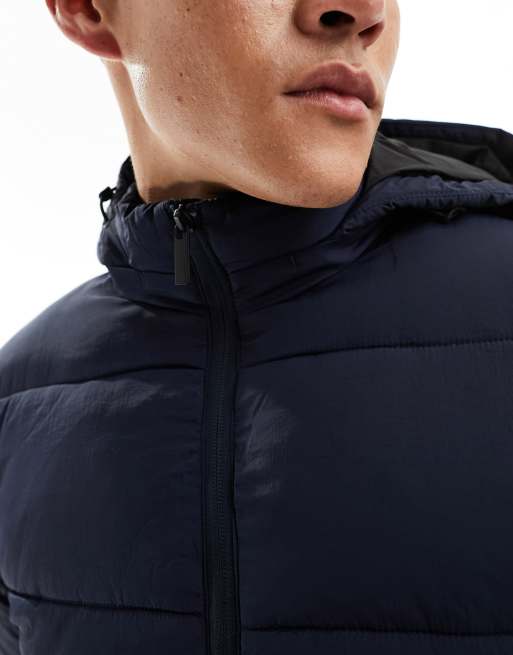 Selected Homme - Gewatteerd jack met lange pasvorm en capuchon in marineblauw , 4 van 4