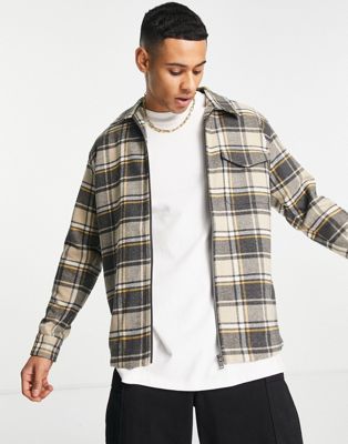 Selected Homme zip overshirt check jacket in beige - ASOS Price Checker