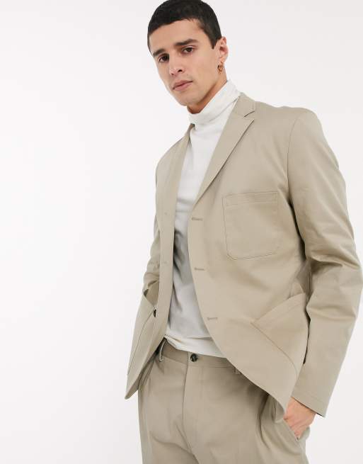 Selected Homme - Giacca da abito slim in cotone color pietra con tasca applicata