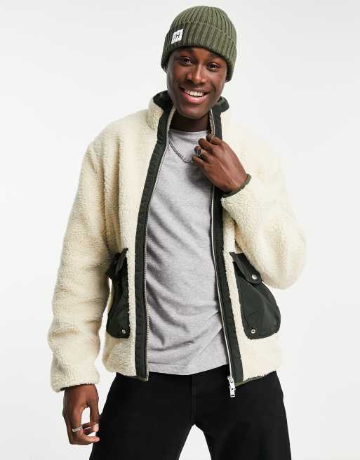Selected Homme - Giacca in pile borg beige con dettagli a contrasto