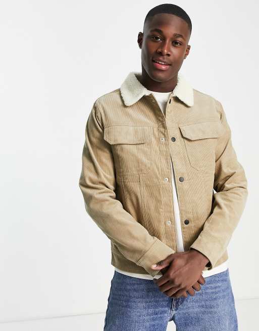 Selected Homme - Giacca in velluto a coste beige con colletto in pile borg 