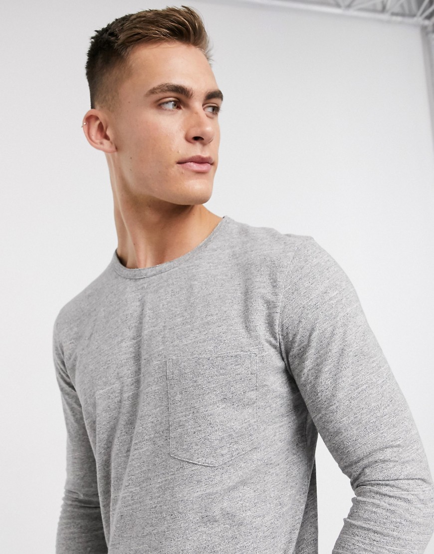 Selected Homme - grå langærmet t-shirt med lomme i økologisk bomuld