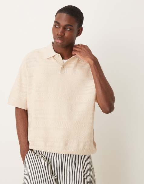 Selected Homme – Gräddvit, stickad pikétröja med textur - view 1
