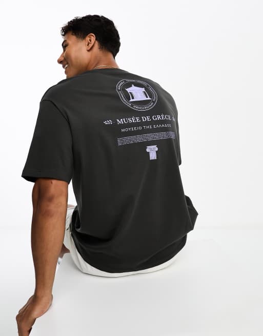 Selected Homme – grafitowy T-shirt oversize z nadrukiem „Grecian” na plecach