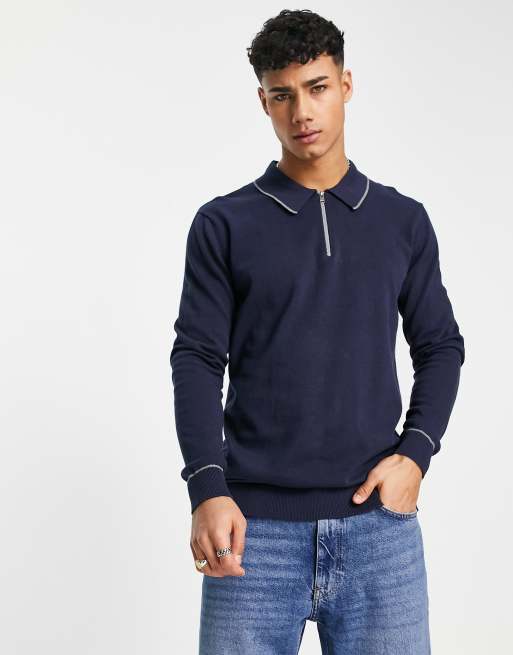 Selected Homme – Granatowa koszulka polo z długim rękawem i zamkiem pod szyją 