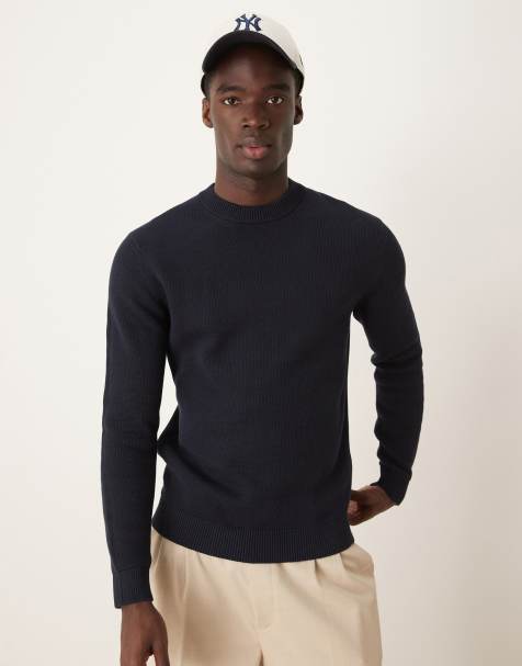 Selected 100% cotton knitted crew neck jumper in navy 