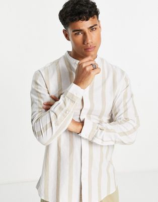 Selected Homme grandad collar linen mix shirt in beige stripe  - ASOS Price Checker