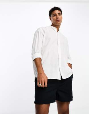 Selected Homme Grandad Collar Linen Shirt In White