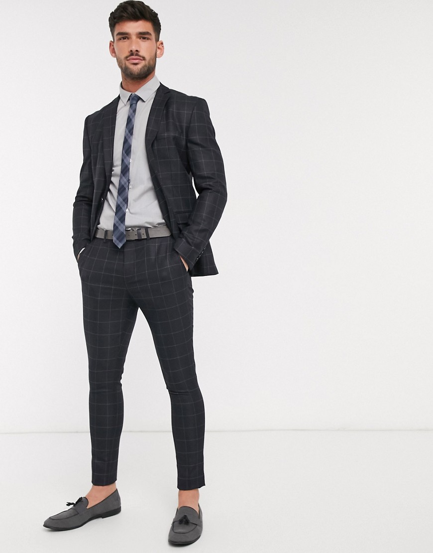 Selected Homme – Grårutiga kostymbyxor med extra smal passform och stretch