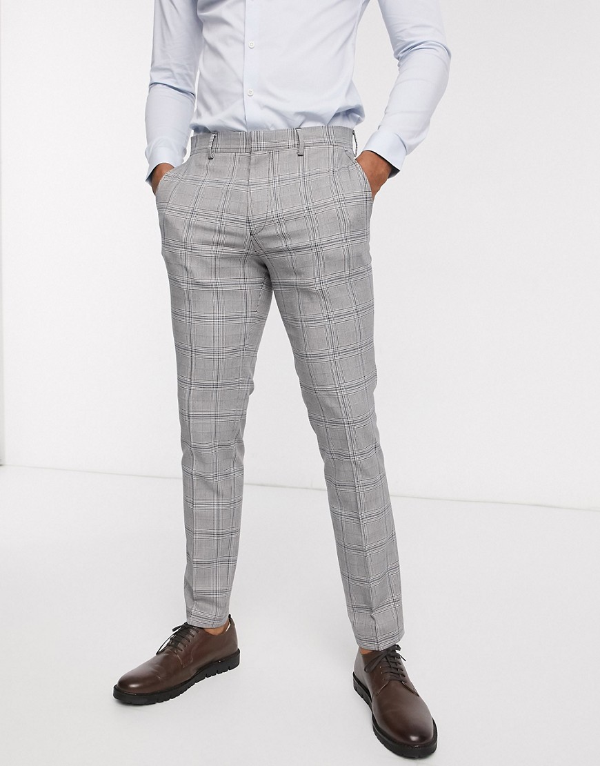 Selected Homme – Grårutiga kostymbyxor med smal passform och stretch