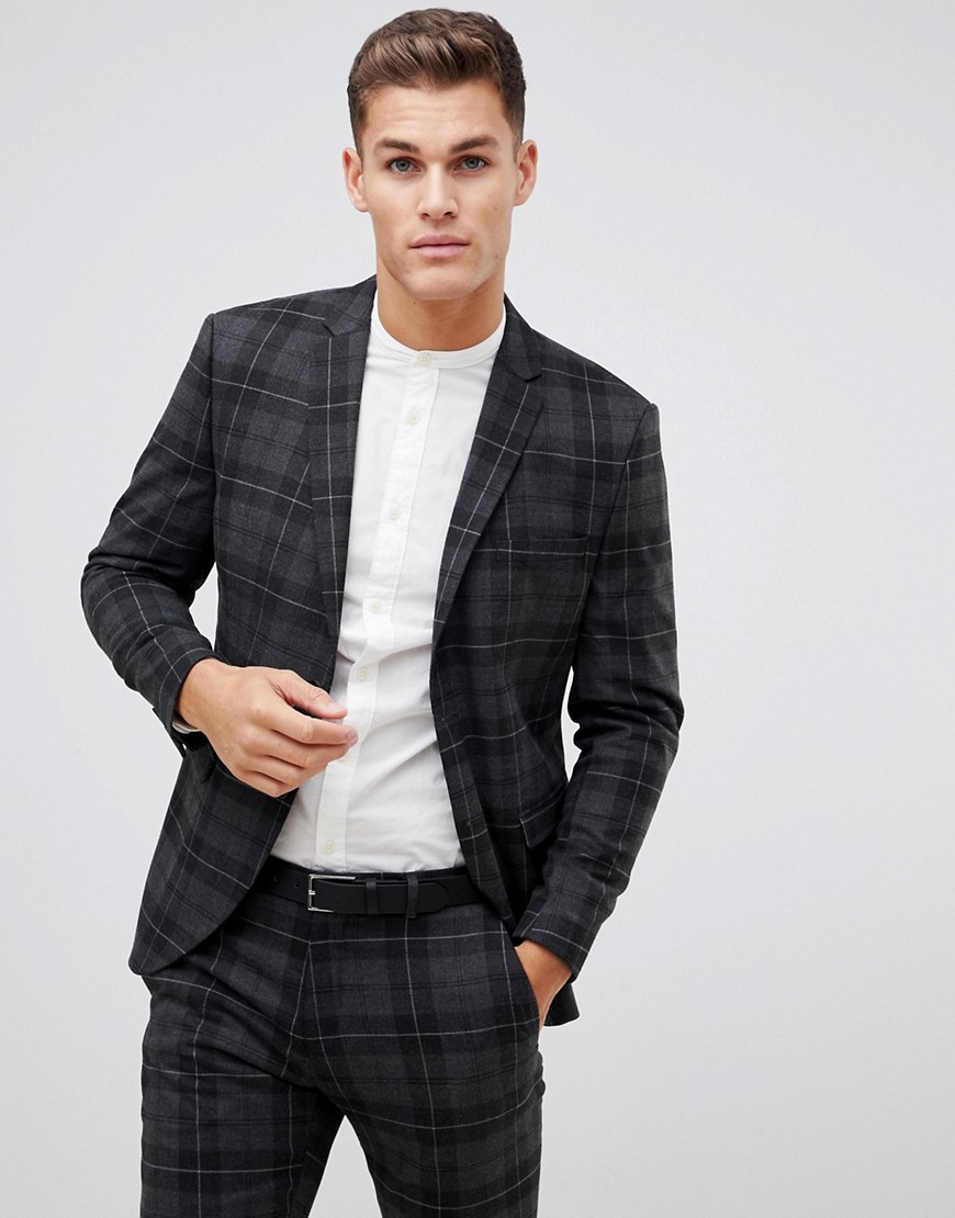 Selected Homme Grey Check Suit Jacket With Patch Pockets In Slim Fit