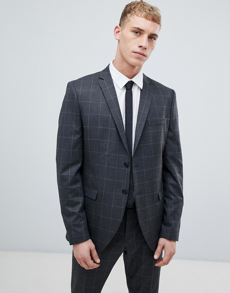 Selected Homme Grey Suit Jacket With Grid Check In Slim Fit-Navy