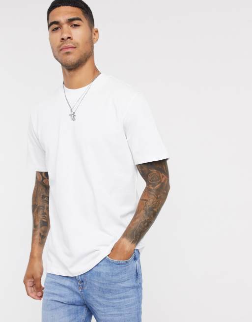 Selected Homme – Gruby bawełniany T-shirt z zabudowanym dekoltem w białym kolorze