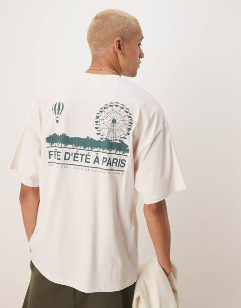 Selected Homme – Gruby kremowy T-shirt oversize z nadrukiem z napisem Paris na plecach - view 1