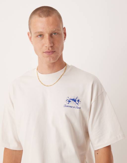 Selected Homme – Gruby T-shirt oversize w kolorze złamanej bieli z kwiatowym nadrukiem na plecach