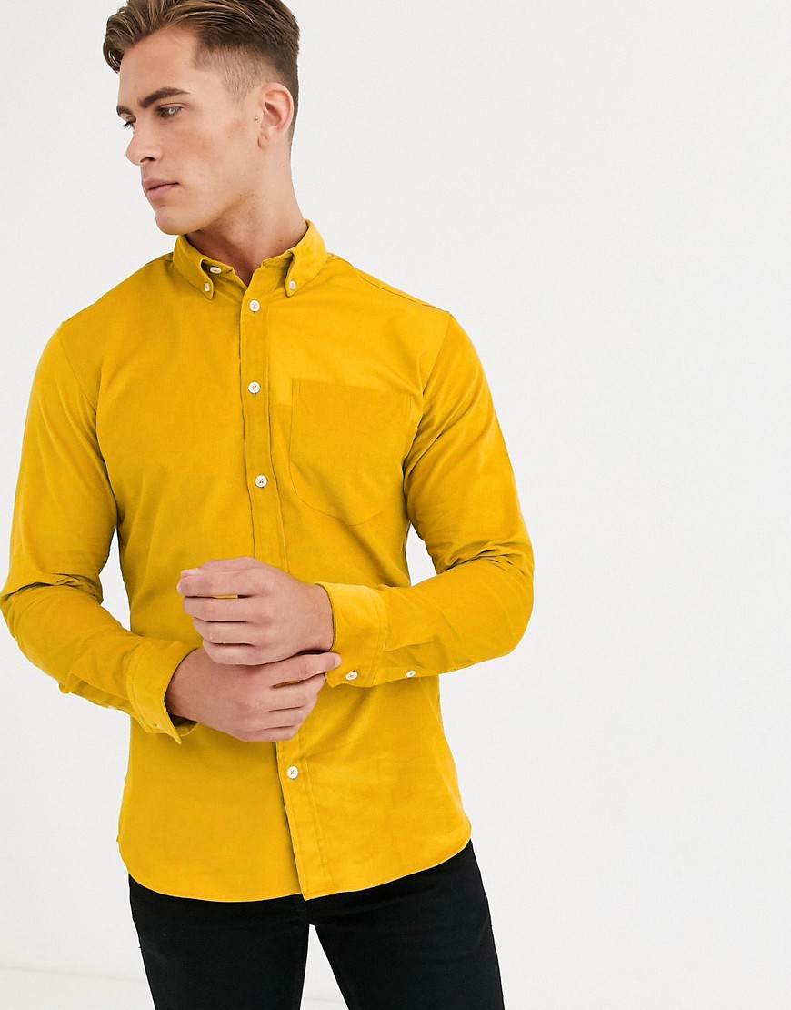 Selected Homme - Gul slim-fit skjorte i fløjl med mærkedetalje