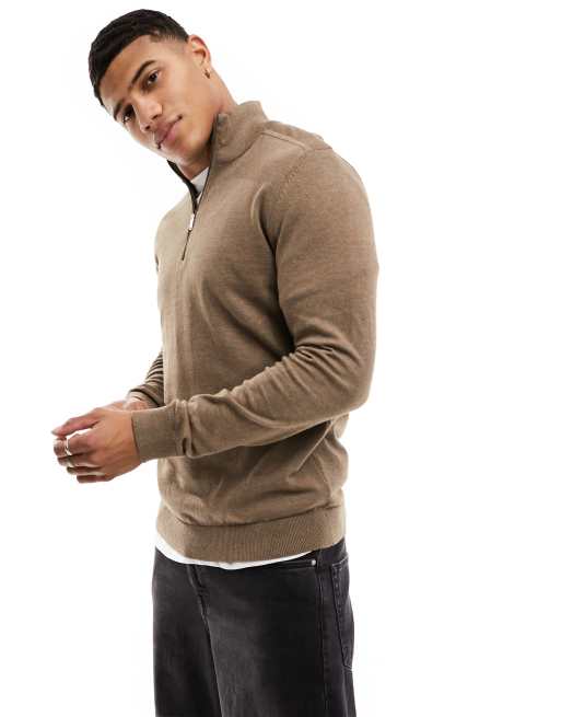 Selected Homme half zip high neck knit jumper in brown