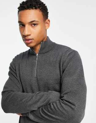 SELECTED HOMME HALF ZIP KNITTED SWEATER WITH TEXTURED STRIPE IN GRAY