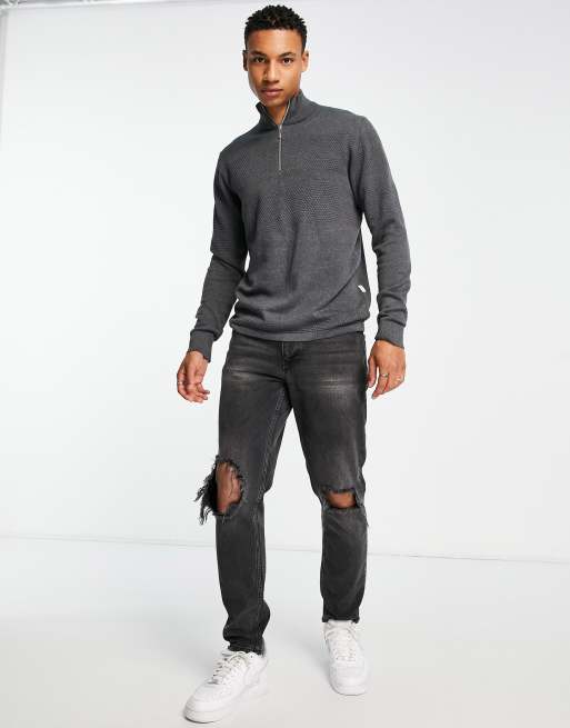 Selected Homme half zip knitted sweater with textured stripe in gray