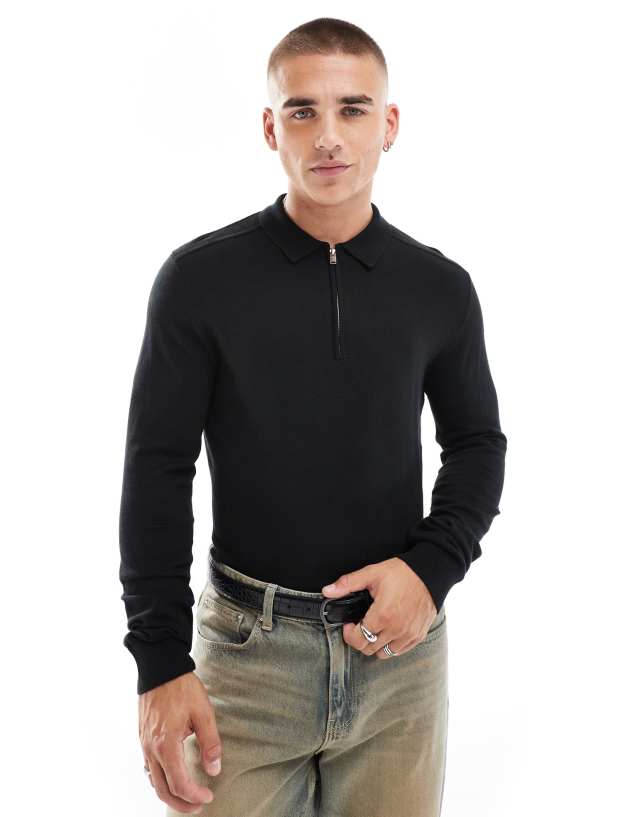 Selected Homme - half zip long sleeve polo shirt in black