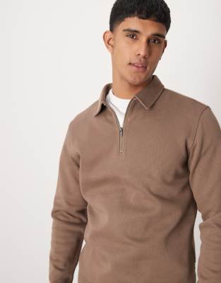 Selected Homme Selected Homme half zip long sleeve polo shirt in tan-Brown