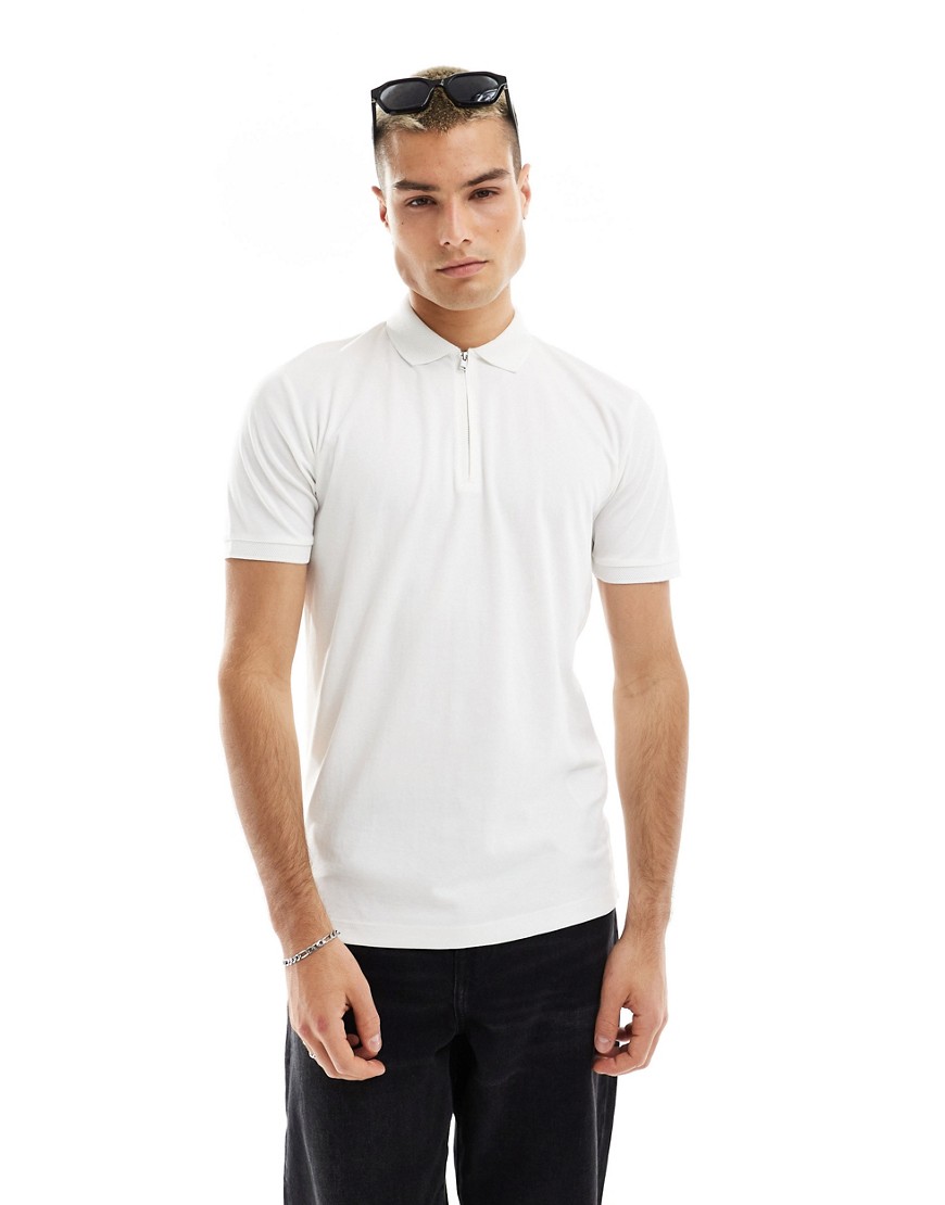 Selected Homme Cotton Mix Polo With Zip In Off White