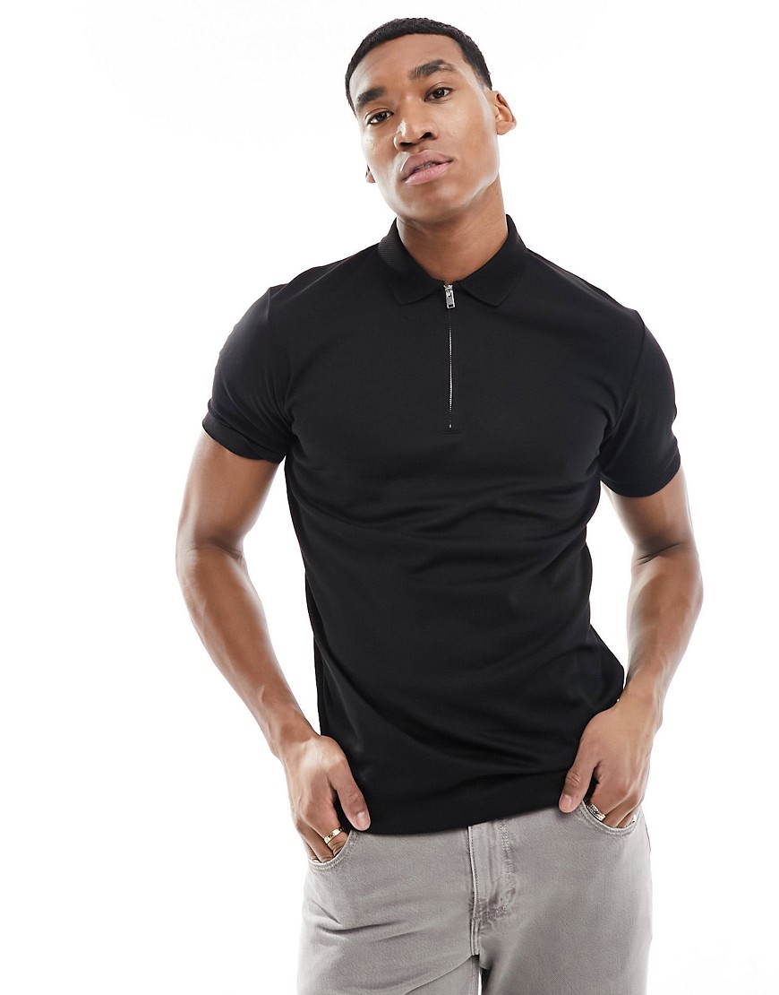Selected Homme half zip polo shirt in black