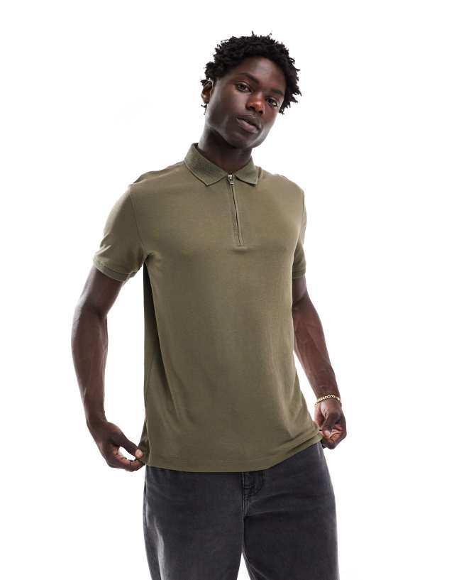 Selected Homme - half zip polo shirt in olive green