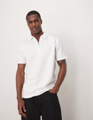 Selected Homme Half Zip Seersucker Polo Shirt In White