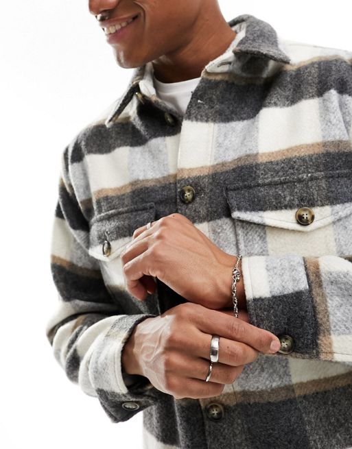 Selected Homme heavyweight overshirt in off white and navy plaid