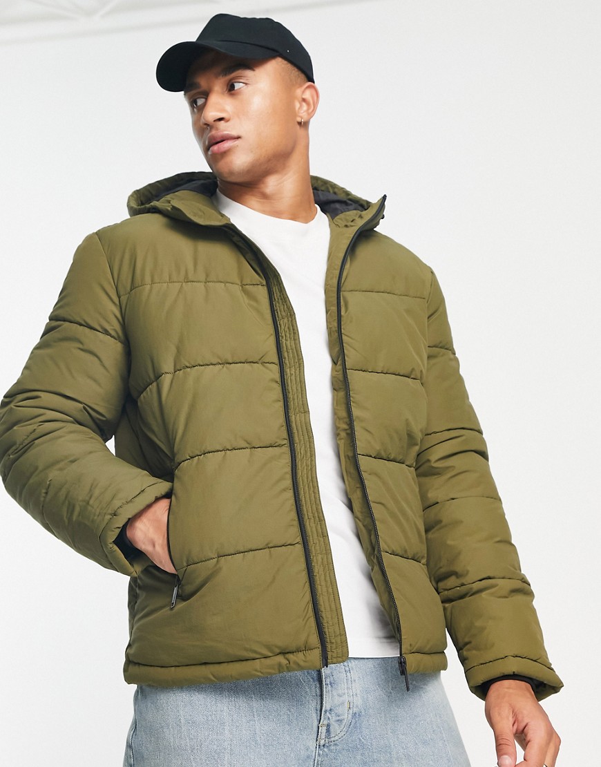 Selected Homme heavyweight puffer with hood in khaki-Green