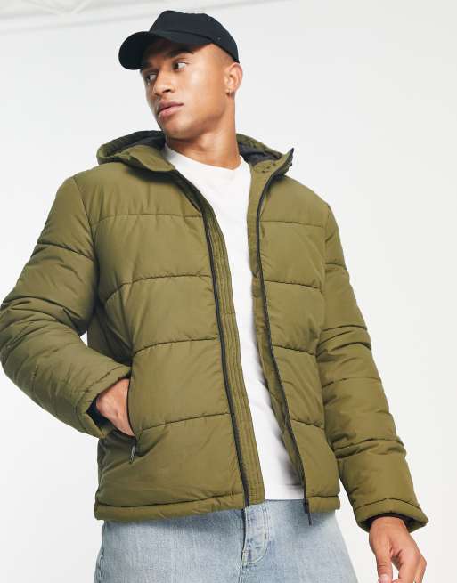 Selected Homme heavyweight puffer with hood in khaki | ASOS