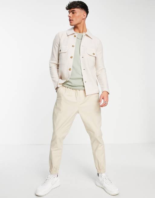 Selected Homme – Hemdjacke aus gekochter Wolle in Haferbeige