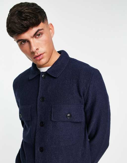 Selected Homme – Hemdjacke aus gekochter Wolle in Marineblau 