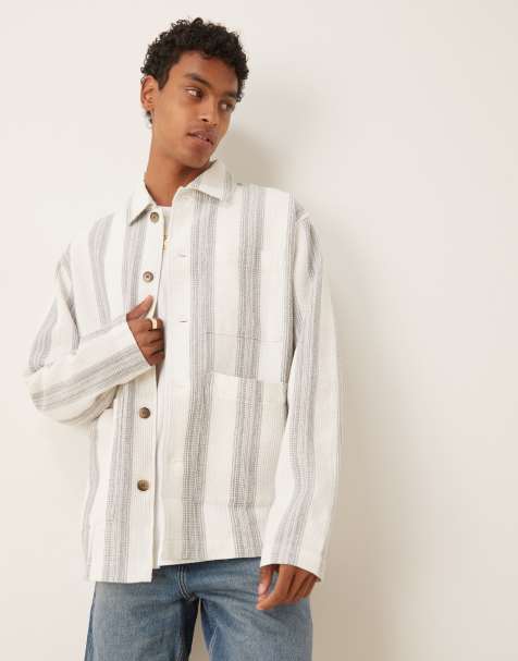 Selected Homme – Hemdjacke in Weiß mit Waffelstruktur und marineblauen Streifen - view 1