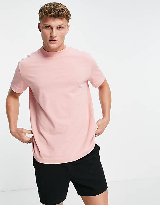Selected Homme high neck oversize t-shirt in heavy pink organic cotton