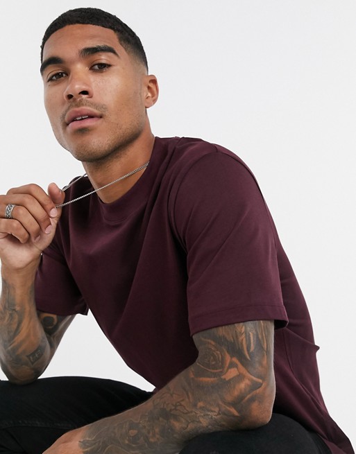 Selected Homme high neck t-shirt in heavy burgundy organic cotton