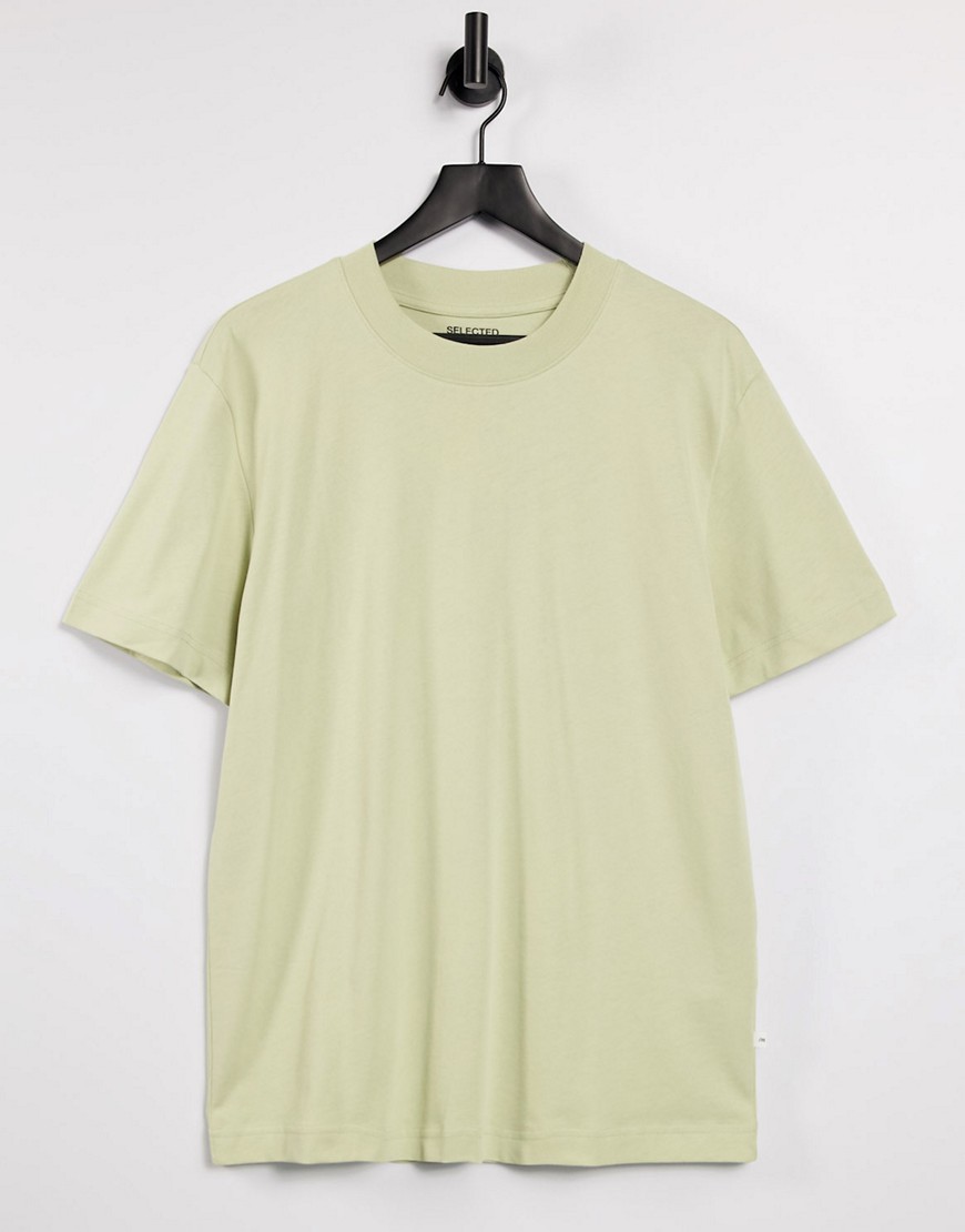 Selected Homme - Højhalset t-shirt i lysegrøn, kraftig, økologisk bomuld