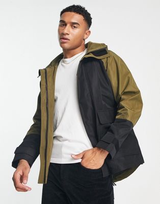Selected Homme hooded parka in black and khaki colour block